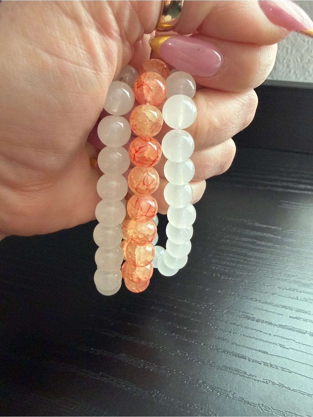 Beaded Stretch Bracelet Trio in Frosted White and Coral Orange